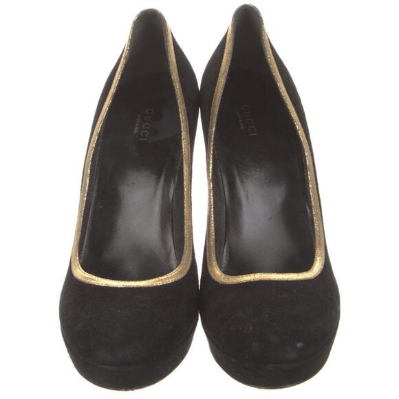 GUCCI Black Suede Gold Trim Platform Pump Heel Shoes Sz IT 40.5 US 10.5 - Picture 3 of 5